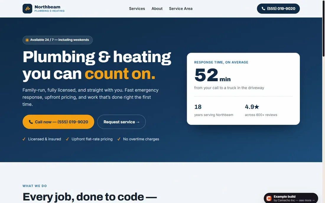 Northbeam Plumbing & Heating — example build by Camacho Inc
