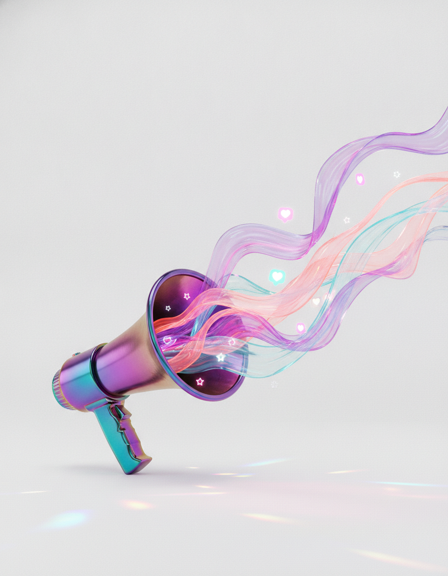 An iridescent chrome megaphone releasing ribbons of holographic light and floating reaction icons