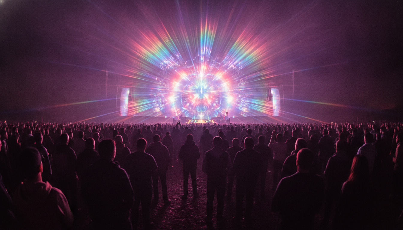 A crowd seen from behind, everyone turned toward a burst of prismatic light on a distant stage
