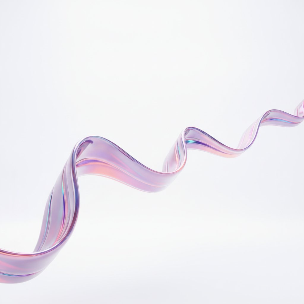A ribbon of iridescent chrome flowing through bright violet, coral, and cyan light