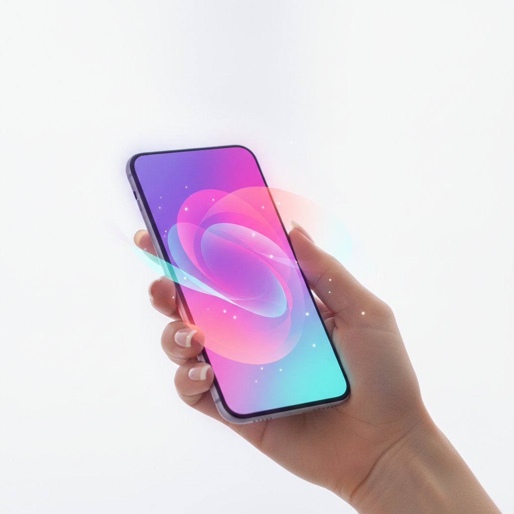 A hand holding a smartphone radiating soft holographic gradient light