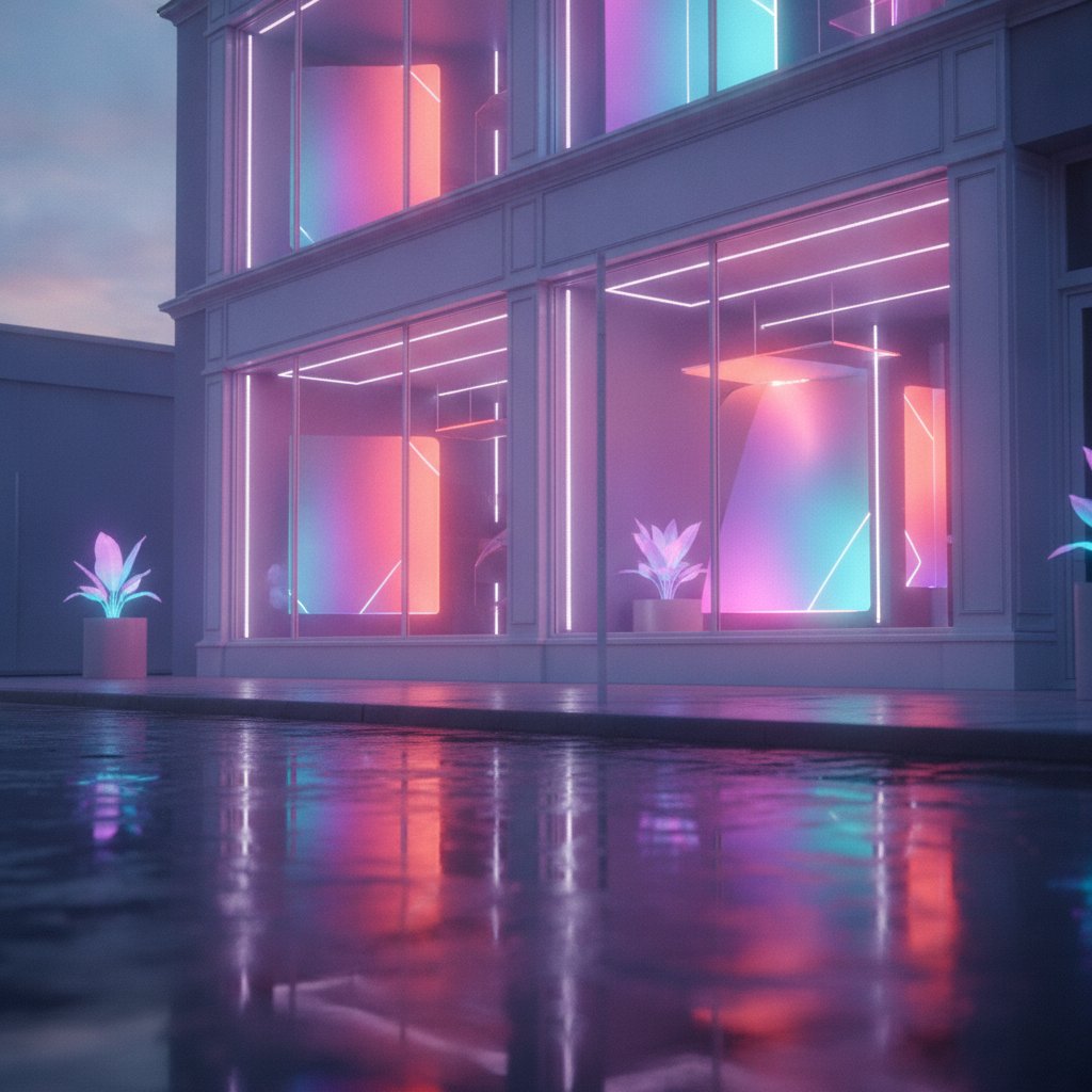 A modern storefront glowing with colorful gradient neon light