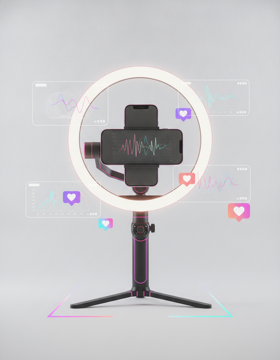 A creator filming short-form video with a colorful RGB ring light